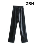 Yidouxian Women Fashion Faux Leather Straight Pants Vintage High Waist Zipper Fly Female Trousers Mujer