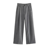 Yidouxian Women Fashion Side Pockets Front Darts Straight Pants Vintage High Waist Zipper Fly Female Trousers Mujer