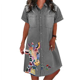 Yidouxian Women's Summer Oversized Giraffe Printed Loose Dress with Lapel Buttons Short Sleeved Pockets Denim Casual Loose Dress