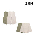 Yidouxian ZRN-Women's Front Button Linen Waistcoat and High Waist Bermuda Shorts, Female Two Piece Sets, Fashion