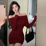 Yidouxian Women Sexy Buttocks wrapped Slim fitting dress Slimming Temperament Off Shoulder Solid color Dress