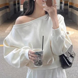 Yidouxian Spring French Style Hoodies Women Diagonal Collar Irregular Off Shoulder Versatile Long Sleeve Top Sweatshirt Outwear