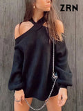 Yidouxian Women Fashion Loose Knit Halterneck Sweater Sexy Off Shoulder Long Sleeve Female Pullovers Chic Tops