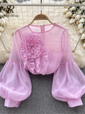 Yidouxian Fashion Vintage Court Style Blouse Women Zipper Transparent Three Dimensional Floral Design 2024 Casual Loose T Shirt