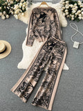 Yidouxian Winter Knitted Print Sets Women O Neck Long Sleeve Knitwear+Wide Leg Long Pants Fashion Retro Sweater Two Pieces Suits