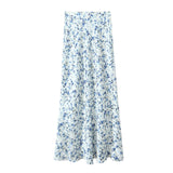 Yidouxian New 2024 Women Floral Print Satin Long Skirt Vintage High Elastic Waist A-line Spring Summer falda larga