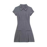 Yidouxian ZRN-Women's Front Zipper Pleated Mini Dress, Shirt Collar, Short Sleeves, Female Dresses, Fashion