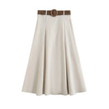 Yidouxian Midi Skirt With Belt for Women, High Waist, Side Zipper, Female Skirts, Fashion