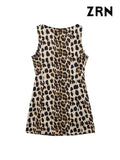 Yidouxian ZRN-Women's Leopard Mini Dress, O Neck, Sleeveless, Back Zipper, Animal Print, Female Dresses, Fashion