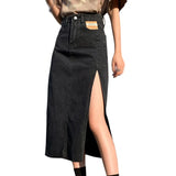 Yidouxian Skirts Women A-line Solid Slim Side Slit Long High Waist Denim Skirt Wrap Hip Streetwear