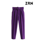 Yidouxian ZRN-Women's High Waist Zipper Fly Ankle Trousers with Belt, Office Wear Pants, Side Pockets, Female Fashion