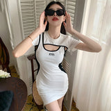 Yidouxian Version Round Neck Hollowed Out Dress Color Fashionable Slim Fitting Short Sleeved Dress