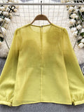 Yidouxian Spring Loose Satin Blouse Women O Neck Long Sleeves Sheer Bohemian Top 2024 Transparent 3D Floral Casual Shirt