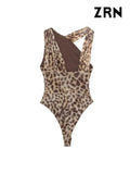 Yidouxian ZRN-Women's Asymmetric Draped Tulle Bodysuits, Sleeveless, Snap-Button, Leopard Female Playsuits, Sexy Fashion