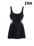 Yidouxian ZRN-Women's Faux Pearl Beading Tweed Mini Dress,Back Zipper, Hollow Out, Female Dresses, Sexy Fashion