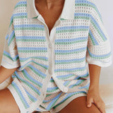 Yidouxian Women's Pajamas Set 2 Pieces Loungewear Suits Stripe Contrast Color Button Down Crochet Knit Tops and Hollow Shorts