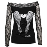 Yidouxian Women Lace T-shirts Autumn Winter 2024 Top Clothing Gothic Vintage Sexy Aesthetic y2k Off Shoulder Long Sleeve Top Streetwear