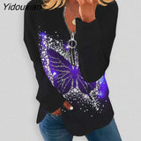 Yidouxian Women's Butterfly Print Zipper V Neck T-shirt Long Sleeve Pullover Tees Fashion Elegant Casual Loose 2023 Autumn Big Basic  5XL