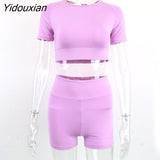 Yidouxian 2 Piece Set Women Fitness Yoga Set Gym Clothing Shortsleeve T-Shit+High Waist Short Pants Workout Set Crop Top 2023