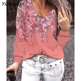 Yidouxian Female Autumn T-Shirt Tops Fashion Women Loose Collar V-Neck Floral Print Long-Sleeve Casual Street T-Shirt Топ