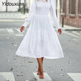 Yidouxian 2023 New Women Fashion Swing Dress For Ladies O Neck Puff Sleeve Solid Color High Waist Temperament Casual Midi Dresses