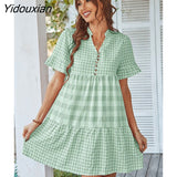 Yidouxian New Spring Summer Loose Short Plaid Dress Women Casual Button V-neck Temperament Patchwork Short Sleeve Mini Dress
