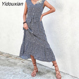 Yidouxian 2023 New Summer Women's V Neck Holiday Print Short Sleeve Lace Up A Line Chic Floral Dress For Fashion