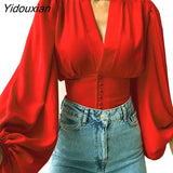 Yidouxian Spring New Lantern Sleeve Tops Women Splicing Solid Color Button V-Neck Shirt Cardigan Slim Fit Female Casual Office Blouse