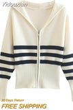 Yidouxian MODA 2023 Autumn Women Striped Pattern Zipper Fly Beige Cardigan Sweater Female Chic Long Sleeve Casual Knit Outwear Outfites