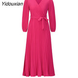 Yidouxian Women New V Neck Long Sleeve Pleated A Line Dress For Ladies Solid Color Lace Up High Waist All Match Dresses