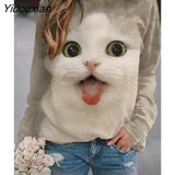 Yidouxian and Autumn Women T Shirt Cute Cat Kitten Print Long Sleeve Ladies Graphic TShirt Casual O-Neck Cartoon Female Tee Tops