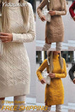 Yidouxian style long sleeve pullover knitted turtleneck sweater solid color split Fried Dough Twists medium length sweater dress