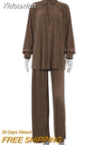 Yidouxian Causal Loose Home Suit Autumn Long Sleeve Blouse With High Wasit Pants Set Women Elegant Pleated Beige 2 Piece Pant Sets