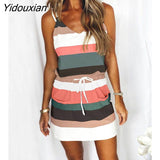 Yidouxian Stripe Pocket Bandage Mini Sling Dress Sexy V-Neck Shoulder Strap Beach Party Dress 2023New Women Summer Dress