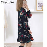 Yidouxian Elegant Autumn Winter Ruffles Print Dress Women O-neck Full Sleeve High Waist Floral Dress Female Black