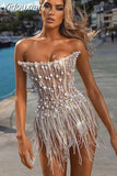 Yidouxian Women Summer Luxury Sexy Strapless Backless Tassel Pearl Mesh Sequins Mini Bodycon Dress 2023 Elegant Evening Club Party Dress 911