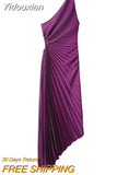 Yidouxian Pleat Midi Dress Women Elegant Waist cutout Satin Prom Dresses Chic Lady Robe Female Party Clothing 2023 Summer New
