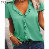 Yidouxian Color Loose Short-Sleeved V-Neck Lotus Women Blouses Cotton Blouses 2023 Summer Shirt Tops Leisure Fashion Women Shirt