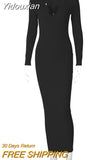Yidouxian 2023 Autumn Casual V Neck Elegant Sexy Slim Maxi Dress 7 Colors Long Sleeve Stretch Bodycon Dresses Y2K Streetwear Hot Sale