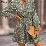 Yidouxian 2023 New Women Autumn Elegant Long Sleeve Neck Waist Floral Dress For Ladies Lace Up Puff Sleeve High Waist Printed Dresses