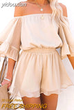 yidouxian Off Shoulder Loose Chiffon Rompers Overalls Women Casual Beach Wide Leg Blue Playsuits Plus Size Ruffle Summer Romper