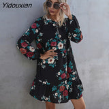 Yidouxian Elegant Autumn Winter Ruffles Print Dress Women O-neck Full Sleeve High Waist Floral Dress Female Black