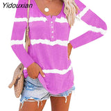 Yidouxian Autumn Tie Dye Print Stripes T-Shirt Women O Neck Button Pullover Loose Long Sleeve Tops Fashion Casual Office Cotton Tees