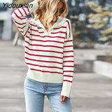 Yidouxian Winter 2023 New Women V Neck Long Sleeve Striped Loose Sweater For Ladies Soft Comfortable Thermal Knitted Top