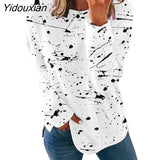 Yidouxian Women's Autumn Winter New Fashion Graffiti Printing Loose Long Sleeve T-Shirt Casual Color Matching All-Match Top