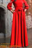 Yidouxian Bow Tie Maxi Dress 2023 Women Lantern Sleeve Long Party Dresses Autumn Elegant Floor-Length Dress Robe De Soiree