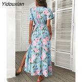 Yidouxian 2023 New Retro Beach Dress For Women V Neck Short Sleeve Lace Up A Line Chic Floral Seaside Vacation Print Dress