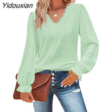 Yidouxian Autumn Winter Hollow Style Women's Top Casual Pleated Long Sleeved V-Neck T-Shirt Pullover Fashion New Design Shirt