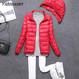 Yidouxian Winter Detachable Cap Women's Lightweight White Duck Down Jacket Hooded Zipper Full Sleeve Cropped Ultralight Coat