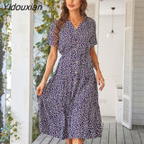 Yidouxian Spring Summer Long Print Dress Women 2023 New Casual Short Sleeve V Neck Single Breasted Temperament Leisure Dresses